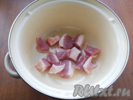 Свинину нарезать средними кусочками, поместить в толстостенную кастрюлю, влить растительное масло.

