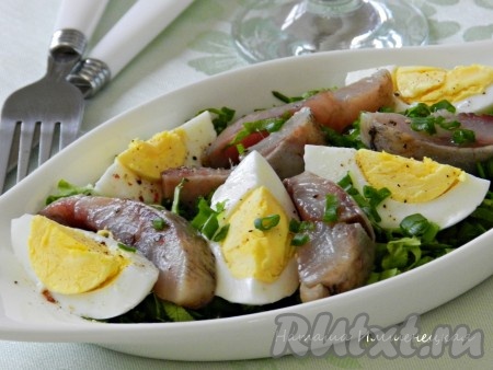Заправить салат заправкой. Салат можно перемешать или оставить в таком виде и сразу подавать. Вкусный и пикантный салат из селедки и яиц готов.