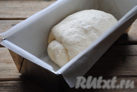 Выложить рулет в форму для хлеба, застеленную бумагой, накрыть полотенцем и оставить в тепле на 30-40 минут. 
