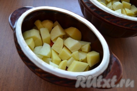 Сверху разложить нарезанный кубиками или кусочками картофель, который немного посолить. 