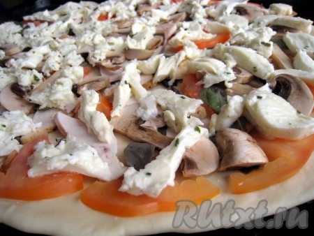 Выложить на тесто для пиццы начинку: слой помидоров, затем листочки базилика, потом курицу и шампиньоны, по вкусу посыпать специями "для пиццы" (перцы и ароматные итальянские травы...), положить кусочки сыра моцарелла. Поместить нашу пиццу с курино-сырной основой в разогретую до 200-215 градусов духовку на 15 минут.