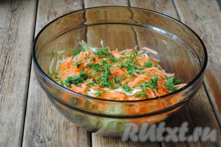 Укроп вымыть, обсушить, мелко нарезать и выложить в салат из молодой капусты и моркови.
