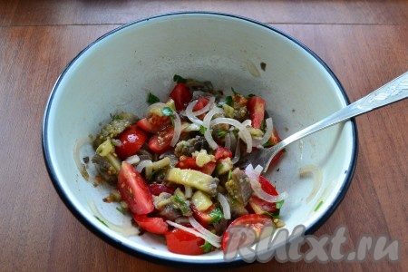 Салат из баклажанов с помидорами и луком заправить ароматным растительным маслом.
