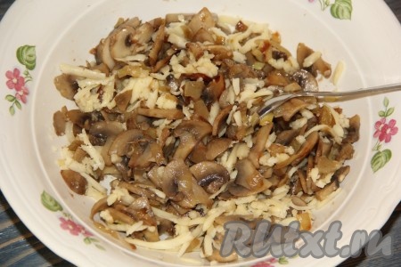 Переложить остывшие грибы с луком в глубокую миску, добавить 50 грамм сыра, натёртого на крупной тёрке, посолить, поперчить по вкусу, хорошо перемешать получившуюся начинку.