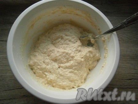 Перемешать, замешивая ложкой довольно густое тесто (чуть гуще, чем для обычных оладий). Соль добавлять в тесто не нужно, так как приправа соленая.
