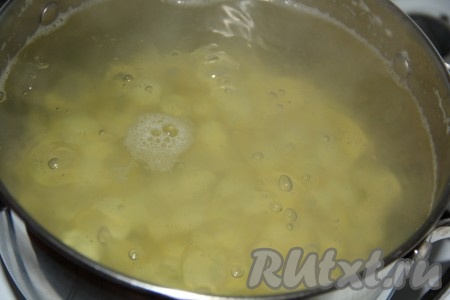 2,5 литра воды налить в кастрюлю и, поставив на огонь, довести до кипения. Картофель очистить и нарезать на кубики, выложить в кипящую воду и довести до кипения.