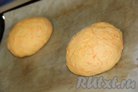 Тесто разделить на две части и сформировать два круглых хлеба. Выложить заготовки морковного хлеба на противень, застеленный пергаментом (или тефлоновым ковриком) на расстоянии друг от друга. 