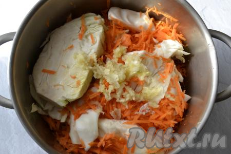 Заполните кастрюлю подготовленными овощами, чередуя слои капусты и морковки. На самый верх выложите пропущенный через пресс чеснок.