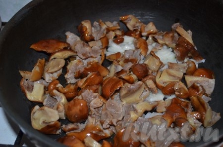 Вторую луковицу и грибы порезать средними кусочками, обжаривать на оливковом масле до готовности (10-15 минут).