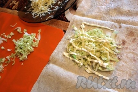 На небольшой участок, примерно 1/6 часть развёрнутого лаваша, положить салат, тёртый сыр, добавить майонез.