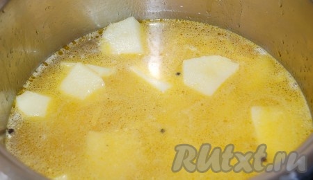 Сложить в одну кастрюлю обжаренное филе, морковь, лук и картофель. Посолить, поперчить, по желанию можно добавить лавровый лист. Залить горячей водой и варить суп из индейки 10 минут (до готовности картофеля).