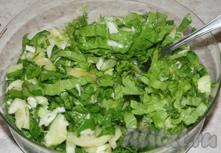 Перемешать, посолить и наш замечательный зеленый салат готов.