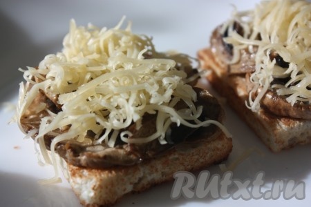 Далее на обжаренный хлеб кладем грибы, сверху сыр и отправляем в микроволновку на 20-30 секунд.