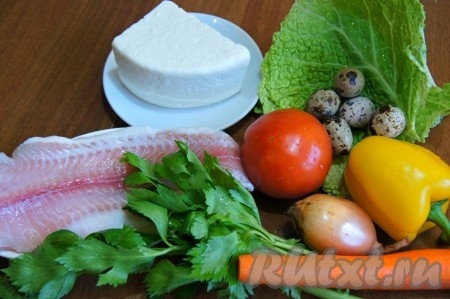 Все что нам понадобится для приготовления запеченного пангасиуса на овощной подложке.