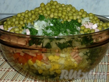 Соединить все ингредиенты для салата "Оливье" в одной миске.