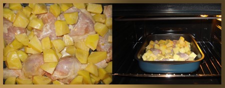 Залить маринадом курицу с картошкой и оставить мариноваться на 3 часа. Затем переложить в смазанную форму и отправить в духовку запекаться на 40 минут при температуре 220 градусов.
