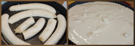 Бананы очистите от кожуры и разрежьте на две части вдоль. Выложите на дно формы, предварительно смазанной маслом, половинки бананов и залейте тестом, смешанным с ананасами.