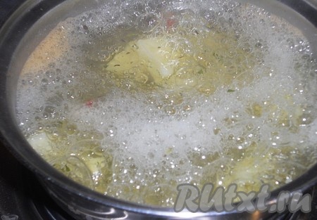 Поставить кастрюлю с водой на плиту, когда вода закипит, добавить очищенный и нарезанный картофель, специи, дать закипеть, а затем варить на небольшом огне минут 15 (до готовности картошки).
