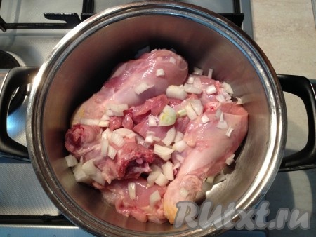 С курицы снять кожу, порубить на куски и уложить в кастрюлю одним слоем. Посыпать мелко нарезанным луком.
