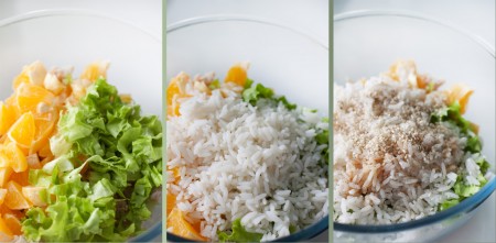 Отварите куриное филе и нарежьте небольшими кусочками или разберите по волокнам (как вам больше нравится). Апельсины очистите и разрежьте каждую дольку на 2-3 части. Листья салата промойте, обсушите и нашинкуйте. Сложите подготовленные ингредиенты в глубокий салатник. Отварите рис, дайте ему остыть и добавьте к остальным продуктам. Засыпьте кунжут, добавьте соевый соус, перец, соль и майонез. Все тщательно перемешайте.
