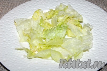 Листовой салат вымыть, обсушить, нарезать и выложить на тарелку.