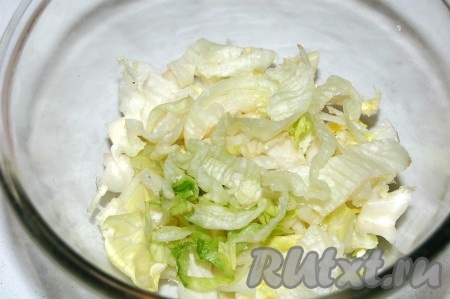 Листовой салат помыть, обсушить, нарезать некрупными кусочками и сложить в миску.