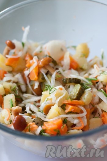 Отварите картошку и морковь. Все овощи мелко порежьте и уложите в глубокий салатник. Добавьте квашеную капусту и грибы (особо крупные разрежьте пополам), порезанную зелень.
