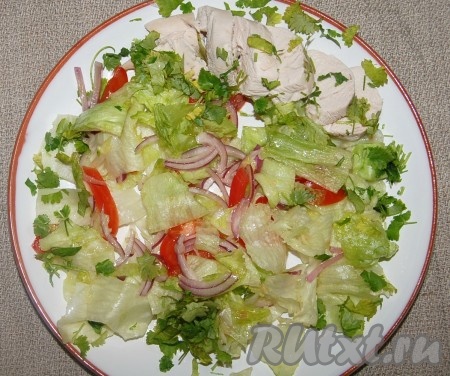 На тарелку выложить салат из миски, рядом уложить кусочки куриной грудки, посыпать зеленью кинзы.