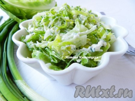 Хрустящий, сочный капустный салат готов. Благодаря заправке с сыром фета, блюдо получается и достаточно сытным, и очень вкусным, попробуйте!