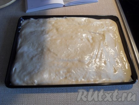 Переливаем тесто в форму (использовала 32 см х 21 см), дно которой выстлано пекарской бумагой