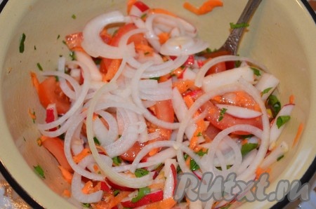 Выложить в миску редис, морковку, помидоры, зелень и чеснок. Добавить в салат порезанный полукольцами лук.
