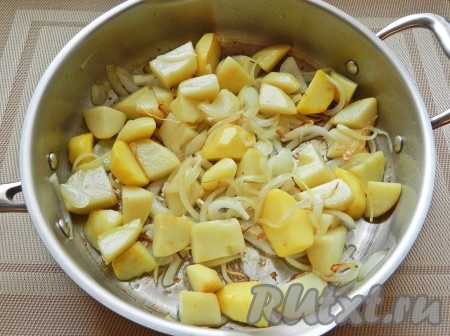 Картофель очистить и нарезать кубиками. Лук очистить и нарезать полукольцами. Обжарить картофель и одну луковицу до легкой корочки, немного посолить.
