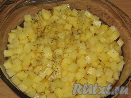 И сверху - картофель, посолить, поперчить. Налить воды так, чтобы наполовину закрывала ингредиенты, закрыть крышкой или фольгой и поставить курочку с овощами в заранее разогретую до 200 градусов духовку на 25 минут.
