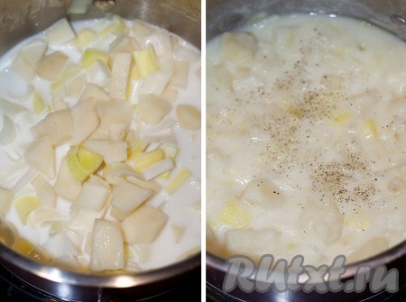 Картофель, чеснок и порей нарезать средними кубиками и уложить в кастрюльке, добавив молоко и немного воды. Приправить солью и перцем.
