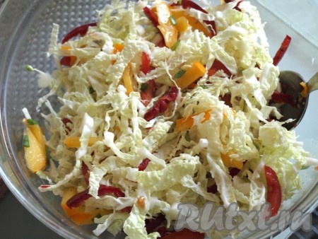 Савойскую капусту, болгарский перец, помидоры и лук соединяем с хурмой и тщательно перемешиваем салат.
