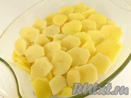 Картофель очистить, нарезать на кружочки толщиной 0,5 сантиметра и выложить в смазанную сливочным маслом форму для запекания плотными рядочками. Картофель немного посолить.