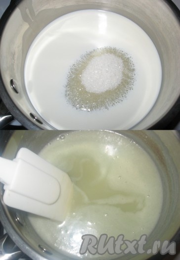 Для приготовления крема молоко и половину нормы сахара довести до кипения и полного растворения сахара, снять с огня и дать немного остыть.
