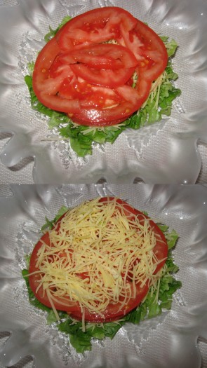 2 слой - помидор нарезать полукольцами, сверху посыпать сыром.
