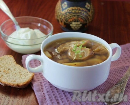 Суп, приготовленный из замороженных белых грибов с перловкой, получается необыкновенно ароматным и вкусным, разливаем это сытное блюдо по тарелкам и подаём к столу.