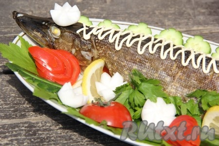 Готовую рыбу выложить на блюдо, украсить по желанию. Подать щуку с овощами гриль, свежими овощами или любым другим гарниром. 