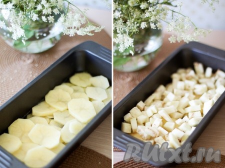 Картофель нарежьте тонкими круглыми дольками, а очищенный баклажан - кубиками. Уложите их в форму в такой последовательности - картофель, баклажан.
