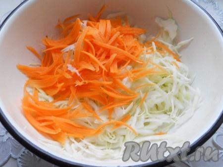 Капусту тонко нашинковать. Добавить пару щепоток соли, хорошо помять капусту руками. Добавить морковь, натертую на терке для корейской моркови.
