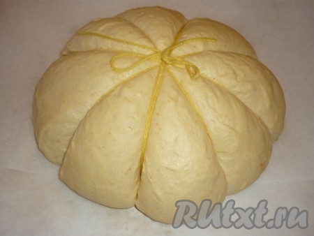 Выложить заготовку хлеба на противень, застеленный пергаментной бумагой, и оставить на 10-15 минут для подъёма. А затем смазать хлеб в форме тыквы взбитым желтком.