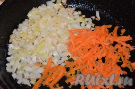 Лук порезать кубиком, обжарить до прозрачности. Добавить натертую морковь (количество регулируйте по вкусу, я добавила не очень много). Обжарить вместе до готовности моркови.
