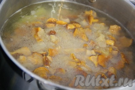 Затем добавить в кастрюлю обжаренные лисички с луком, хорошо перемешать и варить суп до готовности картофеля (примерно 15 минут).