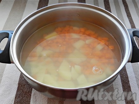 Полученный рыбный бульон довести до кипения, посолить. Опустить в него нарезанный картофель и морковь, варить 10 минут, пока овощи не станут мягкими.

