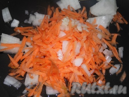 Для приготовления зажарки репчатый лук очистить, нарезать маленькими кубиками. Морковь очистить, натереть на крупной тёрке и обжарить с луком на растительном масле, помешивая, до легкого румянца.
