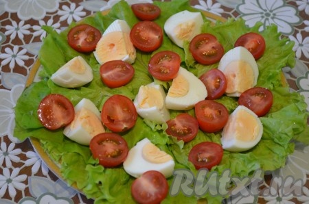 Плоскую тарелку застелить листьями салата (количество по вкусу), затем выложить помидоры и яйца.