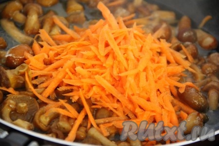 Очищенную морковь натереть на крупной тёрке, добавить в сковороду с грибами, перемешать.