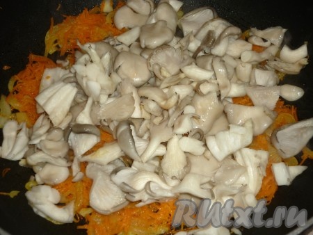 Лук с морковкой обжарить на сковороде на растительном масле в течение 4-5 минут (до мягкости морковки) на среднем огне, не забывая помешивать. Вешенки нарезать на кусочки среднего размера (очень мелко резать не стоит, так как грибы ужариваются). Добавить вешенки на сковороду к обжаренным овощам, перемешать. Когда грибы пустят сок, поперчить и посолить по вкусу. 